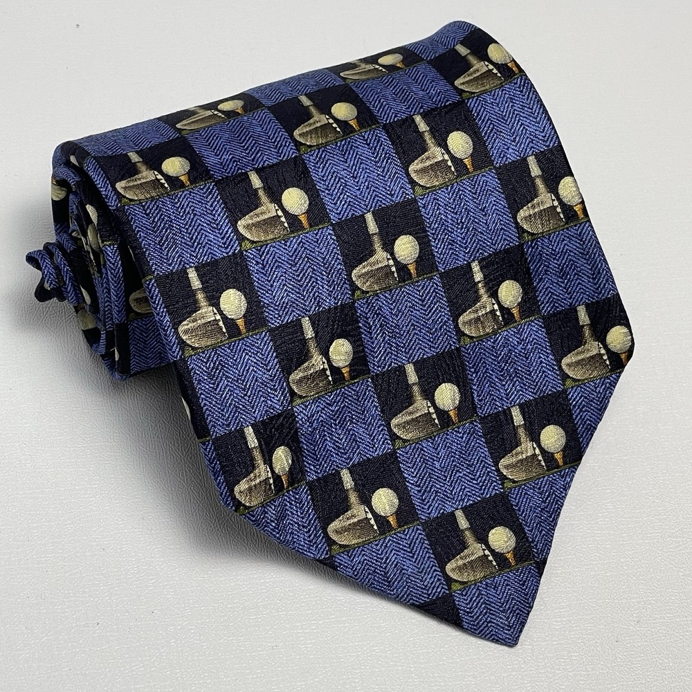 Ermenegildo Zegna 100% Silk Italy Seta Tie Golf Club Ball Blue Squares